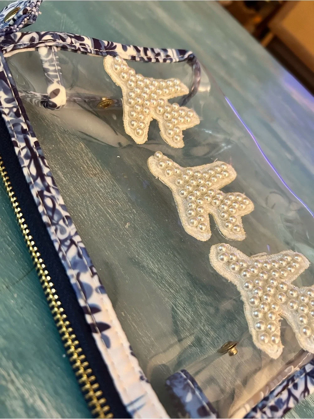 Kenz Kustomz Clear Travel Pouch with Pearl Accents